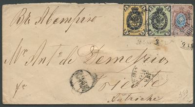 Russia, Storia postale — lettera per Trieste con affrancatura tramite francobolli n. 17, 19, 21 (...