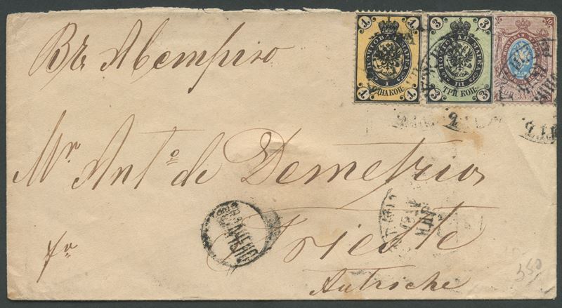 Russia, Storia postale — lettera per Trieste con affrancatura tramite francobolli n. 17, 19, 21 (...