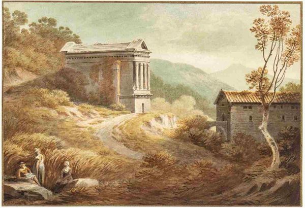 JOHN &quot;WARWICK&quot; SMITH (Irthington, 1749 - Londra, 1831) : Paesaggio con tempietto del Clitumno...  - Asta Dipinti e Disegni dal XV al XIX secolo - Bertolami Fine Art - Casa d'Aste