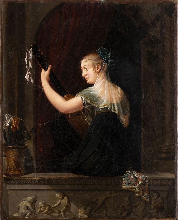 Artista fiammingo, XVIII secolo : Dama con liuto...  - Auction Dipinti e Disegni dal XV al XIX secolo - Bertolami Fine Art - Casa d'Aste