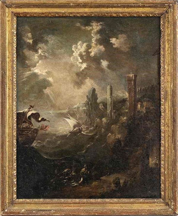 Veduta costiera con mare in tempesta, imbarcazioni, figure e torre sulla sfondo...  - Auction Dipinti e Disegni dal XV al XIX secolo - Bertolami Fine Art - Casa d'Aste