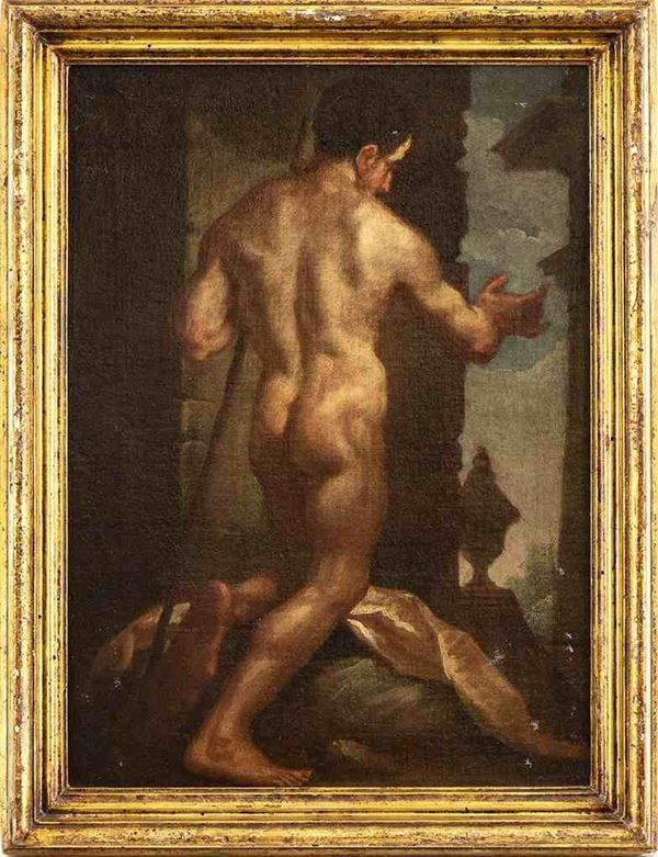 Scuola romana, seconda met&#224; XVI secolo : Nudo maschile di spalle in un paesaggio...  - Auction Dipinti e Disegni dal XV al XIX secolo - Bertolami Fine Art - Casa d'Aste