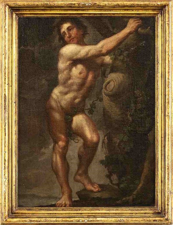 Scuola romana, seconda met&#224; XVI secolo : Nudo maschile frontale, in un paesaggio...  - Auction Dipinti e Disegni dal XV al XIX secolo - Bertolami Fine Art - Casa d'Aste