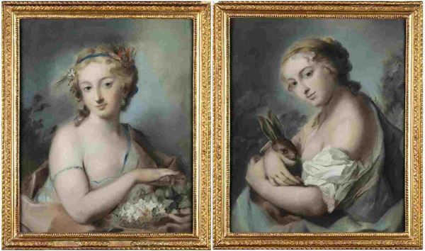 AMBITO DI ROSALBA CARRIERA, SECONDA MET&#192; XVIII SECOLO - Coppia di pastelli: a) Allegoria dell'Estate; b) allegoria dell'Autunno...