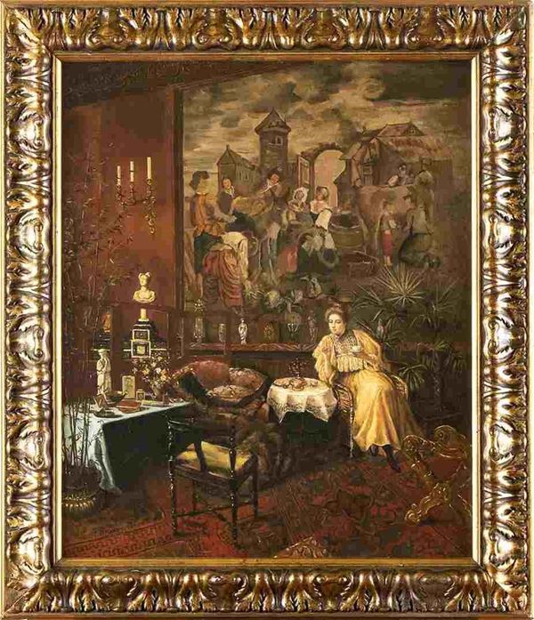 FRANCOIS BRUNERY (Torino, 1849 - Parigi, 1926) : Interno con grande quadro e gentildonna che prende il tè ...  - Auction Dipinti e Disegni dal XV al XIX secolo - Bertolami Fine Art - Casa d'Aste