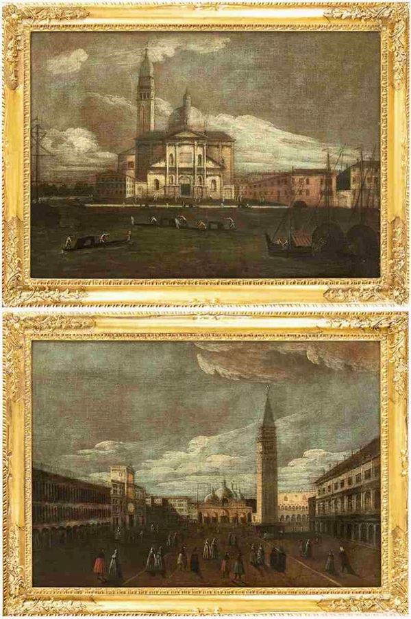 Francesco Tironi - Coppia di Vedute di Venezia: a) Veduta di piazza San Marco; b) Veduta dell'isol...