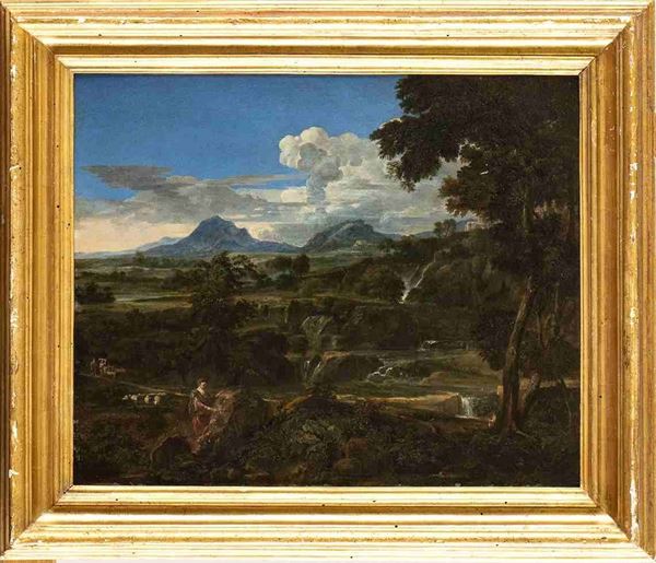 Artista attivo a Roma, fine XVII - inizio XVIII secolo : Paesaggio classico con figure, gregge e cascatelle...  - Auction Dipinti e Disegni dal XV al XIX secolo - Bertolami Fine Art - Casa d'Aste