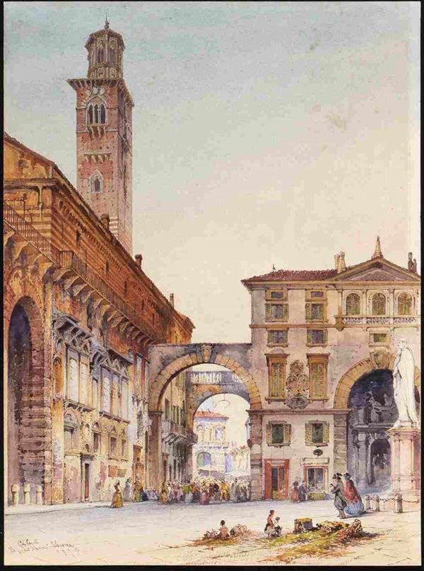 GABRIELE CARELLI (Napoli, 1820 - Mentone, ca. 1900) : Piazza dei Signori a Verona...  - Asta Dipinti e Disegni dal XV al XIX secolo - Bertolami Fine Art - Casa d'Aste