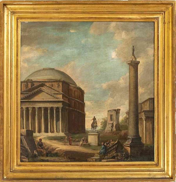 Capriccio architettonico con colonna Antonina, statua equestre di Marco Aurelio...  - Auction Dipinti e Disegni dal XV al XIX secolo - Bertolami Fine Art - Casa d'Aste