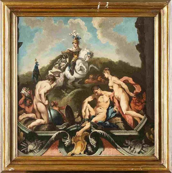 Artista nord-europeo, XVIII secolo : Scena allegorica con trionfo di condottiero ...  - Auction Dipinti e Disegni dal XV al XIX secolo - Bertolami Fine Art - Casa d'Aste