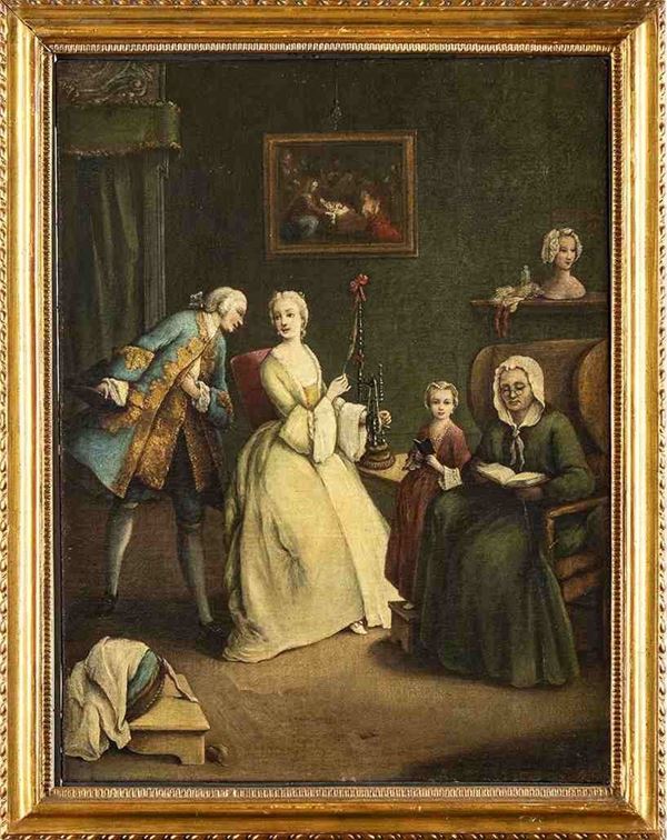 CERCHIA DI PIETRO LONGHI (Venezia, 1701 - 1785) : Scena di seduzione in un interno veneziano...  - Auction Dipinti e Disegni dal XV al XIX secolo - Bertolami Fine Art - Casa d'Aste