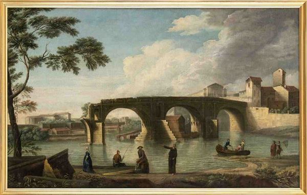 Veduta del Ponte Rotto e dell'Isola Tiberina con figure sulla riva del Tevere...