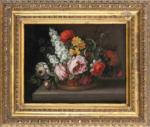 LUDOVICO STERN (Roma, 1709  - 1777), ATTRIBUITO : Bouquet di fiori in un cesto di vimini...  - Auction Dipinti e Disegni dal XV al XIX secolo - Bertolami Fine Art - Casa d'Aste