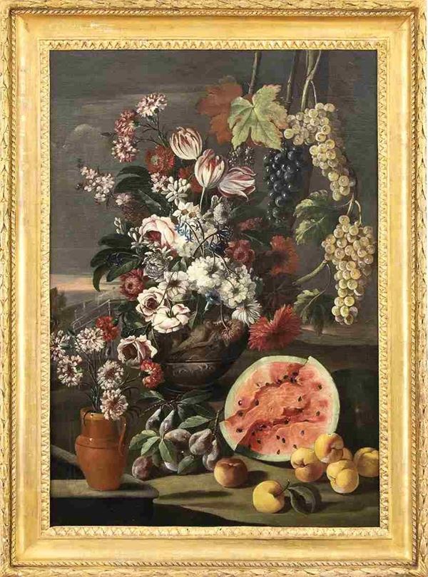 FRANZ WERNER VON TAMM (Amburgo, 1658 - Vienna, 1724) : Grande natura morta di fiori e frutta in un paesaggio ...  - Asta Dipinti e Disegni dal XV al XIX secolo - Bertolami Fine Art - Casa d'Aste