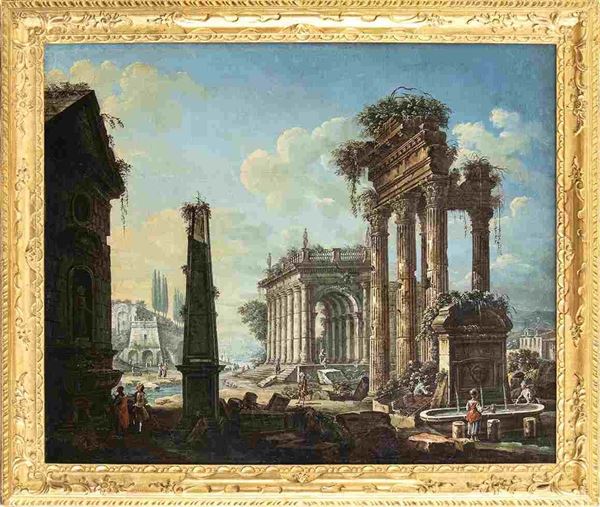 PIETRO BELLOTTI (Volciano, 1625 - Gargnano, 1700) : Capriccio con rovine classiche, fontana e obelisco...  - Auction Dipinti e Disegni dal XV al XIX secolo - Bertolami Fine Art - Casa d'Aste