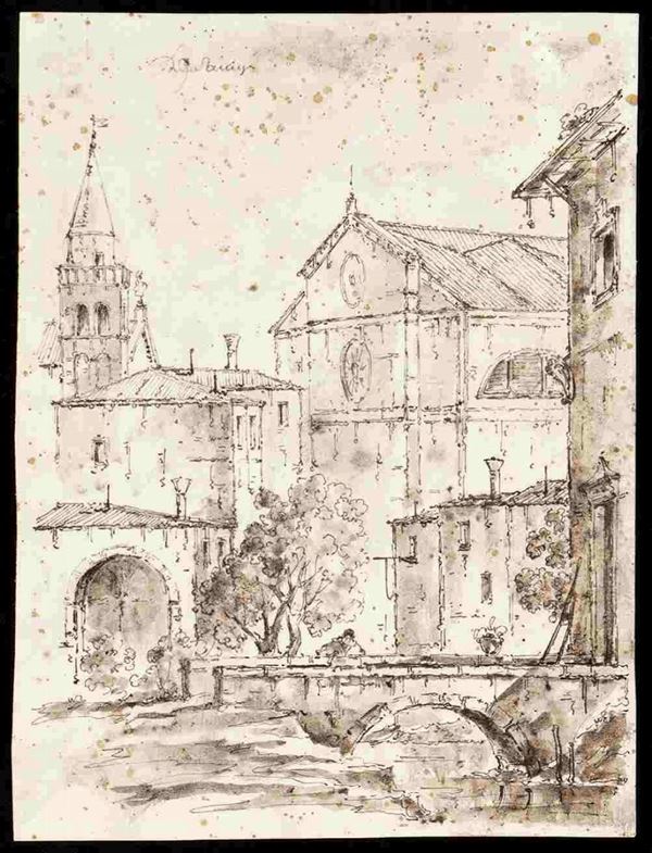 Scorcio di borgo veneto con canale, ponte e chiesa sullo sfondo...  - Asta Dipinti e Disegni dal XV al XIX secolo - Bertolami Fine Art - Casa d'Aste