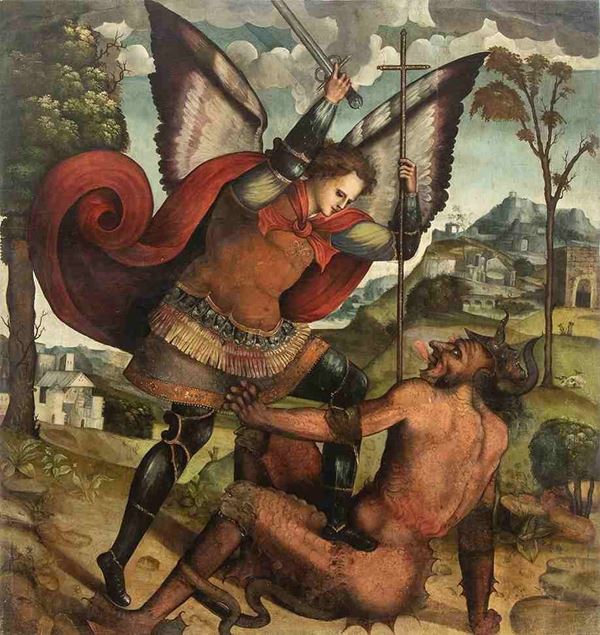 Artista spagnolo, prima met&#224; XVI secolo - L'Arcangelo Gabriele combatte il demonio...