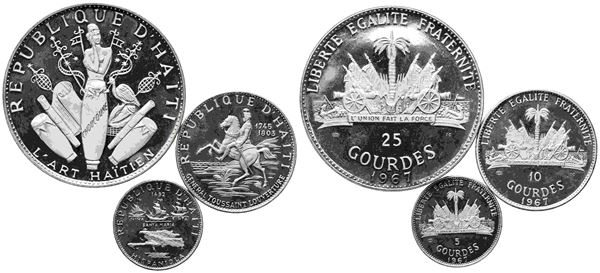 HAITI. Trittico di 25, 10 e 5 Gourdes in argento 1967. Ag (116 g; 47 g; 23,7 g)...