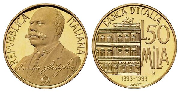 REPUBBLICA ITALIANA. Lire 50.000 1993 "Banca d'Italia". Coniazione Aurea. Au (7,5 g; 720 mm)   - Asta Monete e medaglie medievali e moderne italiane ed estere - Bertolami Fine Art - Casa d'Aste