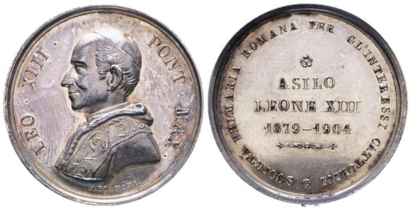 ROMA. Leone XIII (1878-1903). Medaglia 1904 Asilo Leone XIII "Società primaria Romana per gli interessi cattolici". Ag; 11,6gr; 29,2mm; Rara e in conservazione eccezionale.