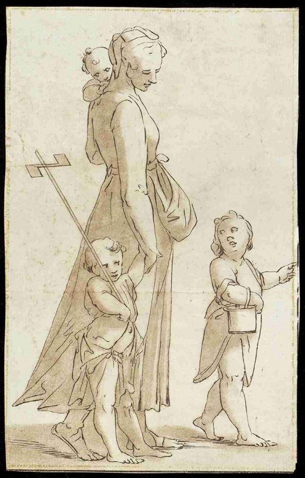 LUCA CAMBIASO (Moneglia, 1527 - El Escorial, 1585), ATTRIBUITO : Figura femminile con bimbo in braccio e due bambini al seguito...  - Auction Dipinti e Disegni dal XV al XIX secolo - Bertolami Fine Art - Casa d'Aste