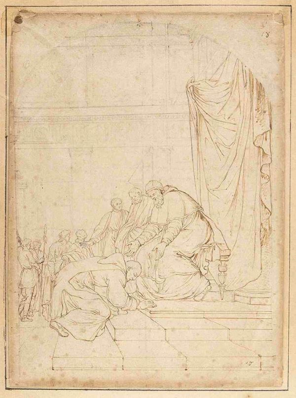 SCUOLA ROMANA, FINE XVIII - INIZIO XIX SECOLO : Frate in ginocchio al cospetto del Papa...  - Asta Dipinti e Disegni dal XV al XIX secolo - Bertolami Fine Art - Casa d'Aste