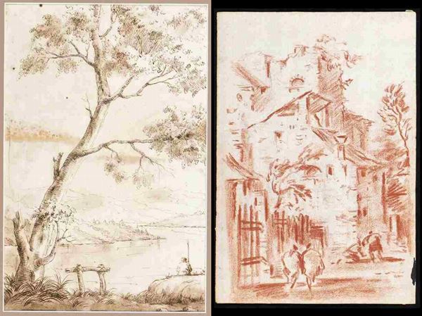 Paesaggio fluviale con pescatore...  - Auction Dipinti e Disegni dal XV al XIX secolo - Bertolami Fine Art - Casa d'Aste