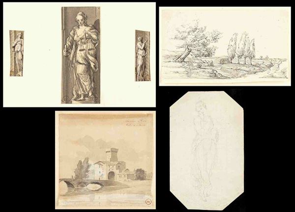 Sei disegni sciolti: a) tre piccoli disegni rifilati e montati su passpartout; ...  - Auction Dipinti e Disegni dal XV al XIX secolo - Bertolami Fine Art - Casa d'Aste