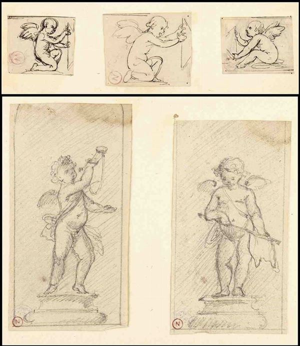 Cinque studi di putti montati in due passpartout...  - Auction Dipinti e Disegni dal XV al XIX secolo - Bertolami Fine Art - Casa d'Aste