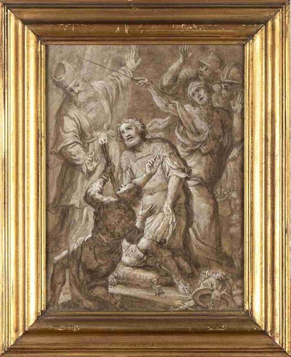 Scena biblica con condottiero in ginocchio...  - Asta Dipinti e Disegni dal XV al XIX secolo - Bertolami Fine Art - Casa d'Aste