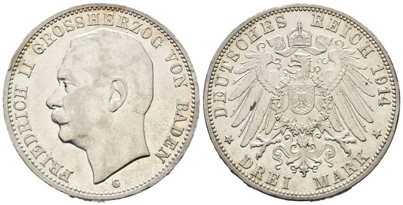 Germania. Baden. Federico II. 3 Marchi 1914 Km 280. Ag.16,67gr.