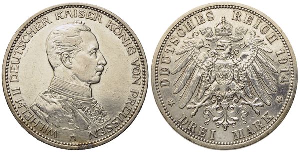 GERMANIA. Guglielmo II (1891-1918). 3 marchi 1914. Jaeger 113; Ag