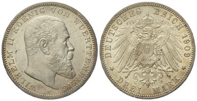 Germania. Wurttemberg. Guglielmo II (1891-1918). 3 Marchi 1909. Km 635; Ag; 16,67gr