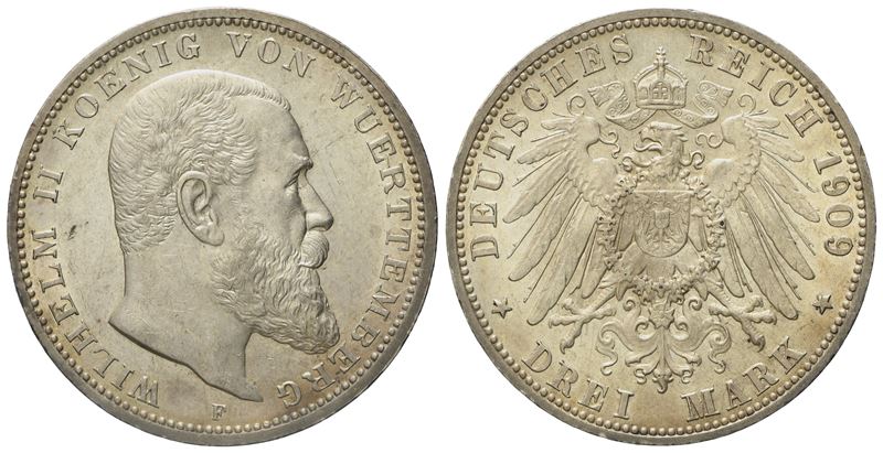 Germania. Wurttemberg. Guglielmo II (1891-1918). 3 Marchi 1909. Km 635; Ag; 16,67gr