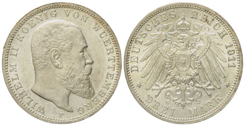 GERMANIA. WURTTEMBERG. Guglielmo II (1891-1918). 3 marchi 1911. KM 635; Ag; 16,67gr. qFDC