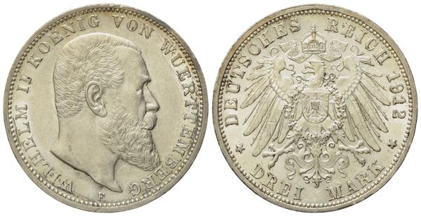 GERMANIA. WURTTEMBERG. Guglielmo II (1891-1918). 3 marchi 1912. KM 635; Ag; 16,67gr