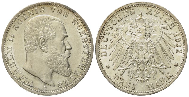 GERMANIA. WURTTEMBERG. Guglielmo II (1891-1918). 3 marchi 1912. KM 635; Ag; 16,67gr qFDC