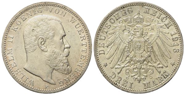 GERMANIA. WURTTEMBERG. Guglielmo II (1891-1918). 3 marchi 1913. KM 635; Ag; 16,67gr
