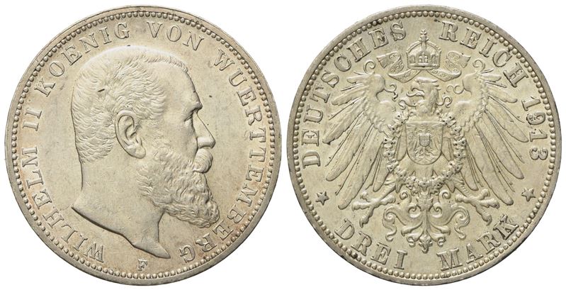 GERMANIA. WURTTEMBERG. Guglielmo II (1891-1918). 3 marchi 1913. KM 635; Ag; 16,67gr qFDC