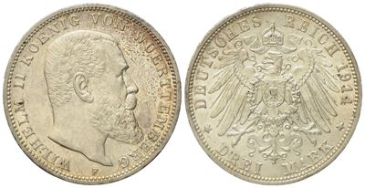 Germania. Wurttemberg. Guglielmo II (1891-1918). 3 Marchi 1914. Km 635; Ag; 16,67gr