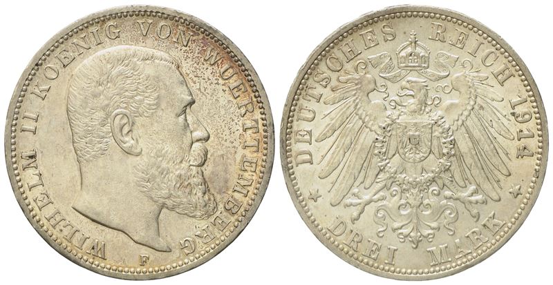 Germania. Wurttemberg. Guglielmo II (1891-1918). 3 Marchi 1914. Km 635; Ag; 16,67gr