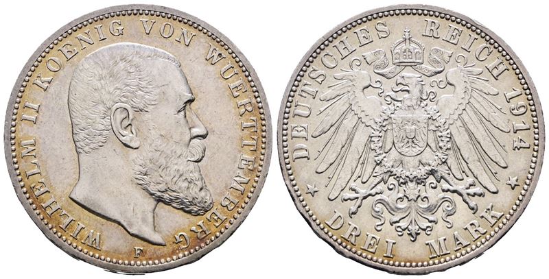 Germania. Wurttemberg. Guglielmo II. 3 Marchi 1914. Km 635; Ag; 16,66 Gr