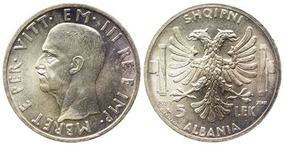 Albania Italiana. Vittorio Emanuele III (1939 - 1943). 5 Lek 1939. Gig.2; Ag; 5gr