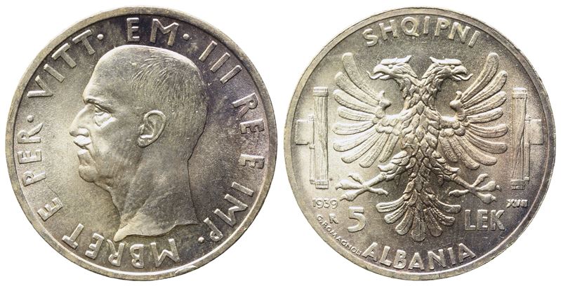 Albania Italiana. Vittorio Emanuele III (1939 - 1943). 5 Lek 1939. Gig.2; Ag; 5gr