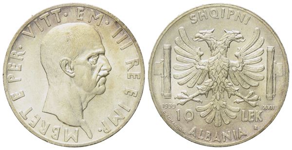 ALBANIA ITALIANA. Vittorio Emanuele III (1939 - 1943). 10 lek 1939. Gig.1; Ag; 10gr