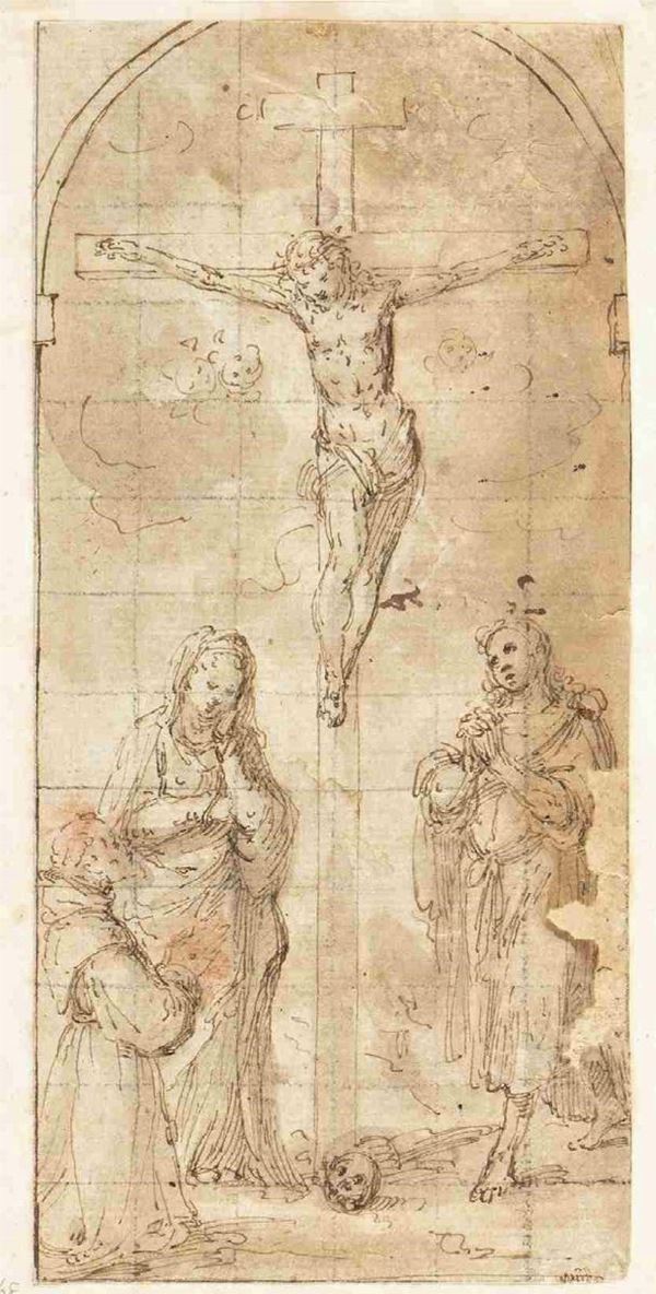 SANTE PERANDA (Venezia, 1566 - 1638), ATTRIBUITO : Contemplazione della croce con San Francesco in ginocchio, San Giovanni e la Ma...  - Asta Dipinti e Disegni dal XV al XIX secolo - Bertolami Fine Art - Casa d'Aste