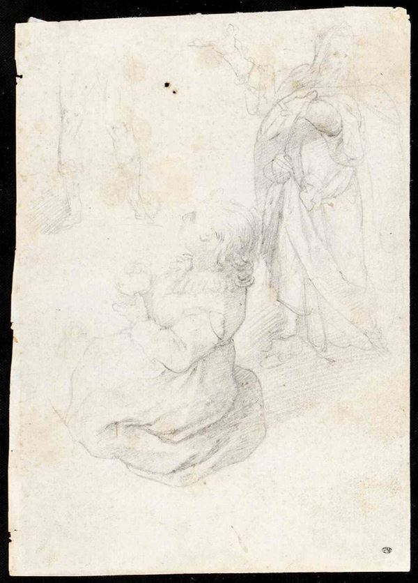 Denijs Calvaert : Recto: studio per una figura di donna inginocchiata e uomo barbuto in piedi; ve...  - Asta Dipinti e disegni antichi. Secoli XVI-XIX - Bertolami Fine Art - Casa d'Aste