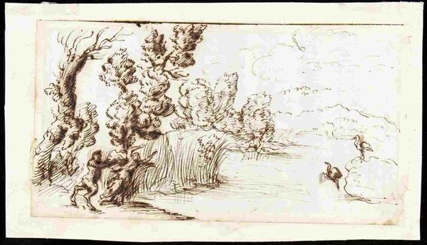 AMBITO DEL DOMENICHINO, XVII SECOLO - Paesaggio lacustre con Pan e Siringa ...