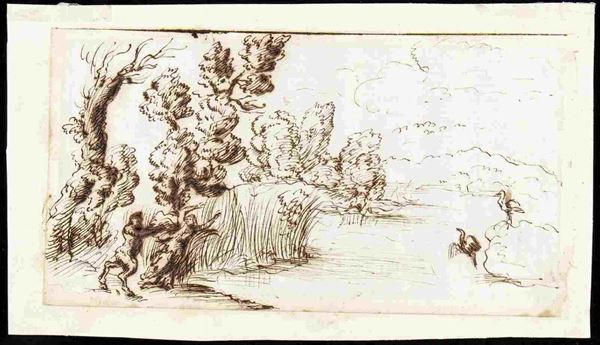 AMBITO DEL DOMENICHINO, XVII SECOLO : Paesaggio lacustre con Pan e Siringa ...  - Auction Dipinti e Disegni dal XV al XIX secolo - Bertolami Fine Art - Casa d'Aste