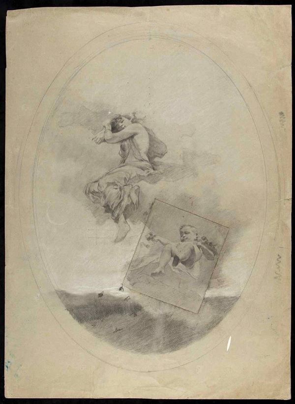 ADOLFO DE CAROLIS (Montefiore dell'Aso, 1874 &#8211; Roma, 1928), ATTRIBUITO -  Fanciulla dormiente e putto che lancia fiori, studio ovale per la decorazione ...